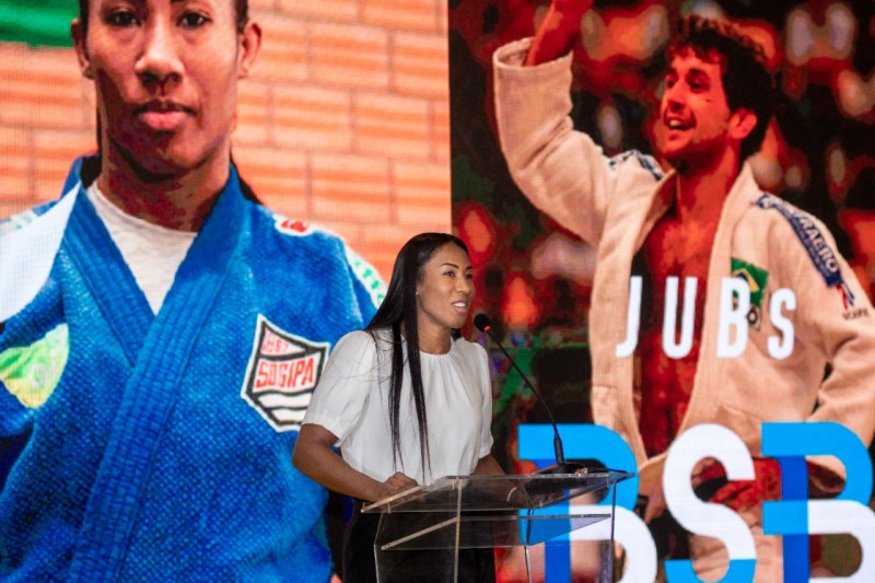 Ketleyn Quadros, judoca, medalhista de bronze nos Jogos Olímpicos de Pequim 2008, no lançamento do JUBs | Foto: Edmundo Souza /SEL