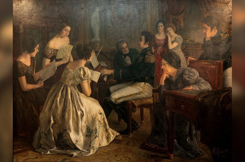 Quadro 'Primeiros Sons do Hino da Independência', de Auguste Bracet, retrata Dom Pedro I compondo a melodia - Reprodução