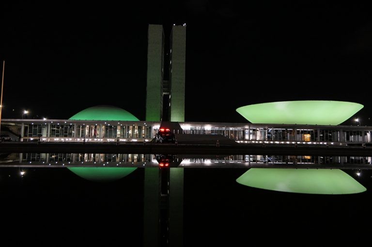 Congresso se ilumina em datas especiais; acima, campanha sobre câncer de cabeça - (Foto: Roque de Sá/Agência Senado)